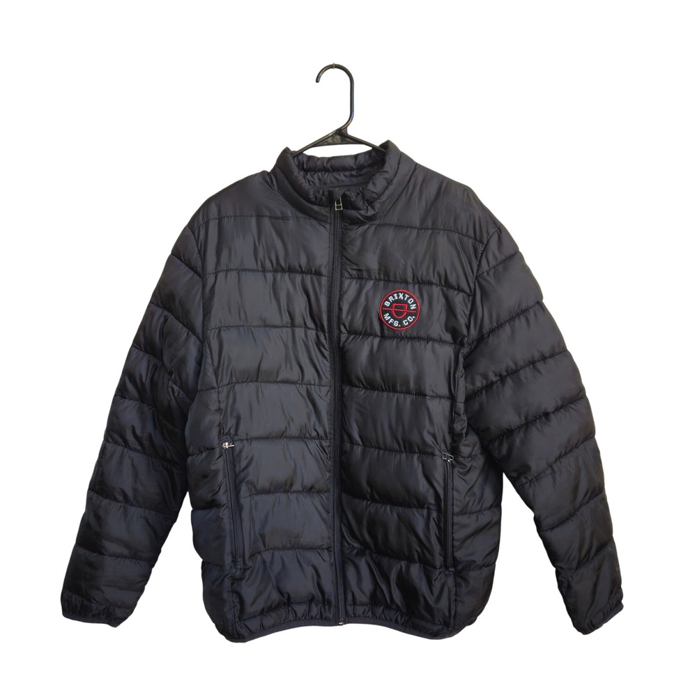Brixton Crest Puffer Jacket Mens Large Black Quilted Logo Patch EUC Streetwear